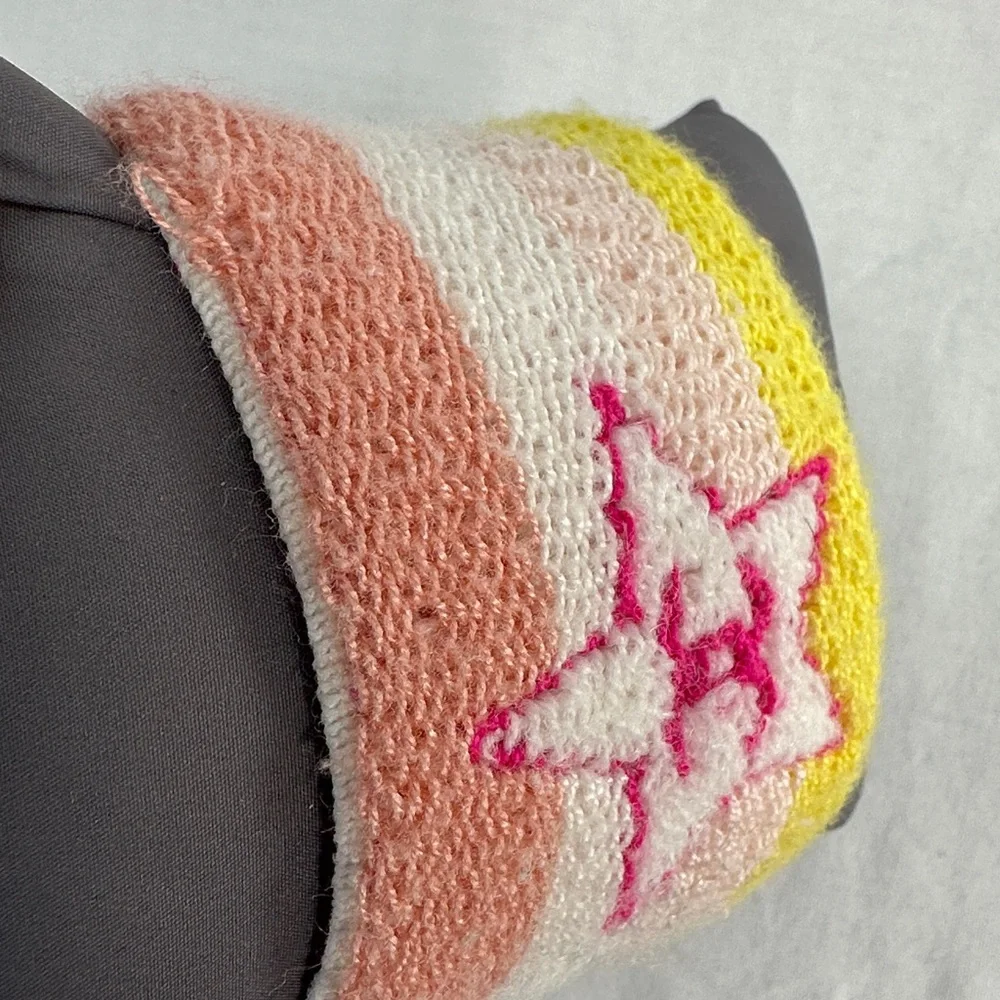 CHANEL Pink White Yellow Striped Knit Wrist Cuff with CC Heart Logo